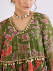 Women Green Tie & Dye Coin Lace Tired Kurta With Sharara Pants