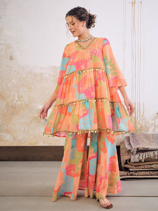 Women Orange Tie & Dye Coin Lace Tired Kurta With Sharara Pants