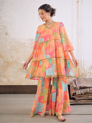 Women Orange Tie & Dye Coin Lace Tired Kurta With Sharara Pants
