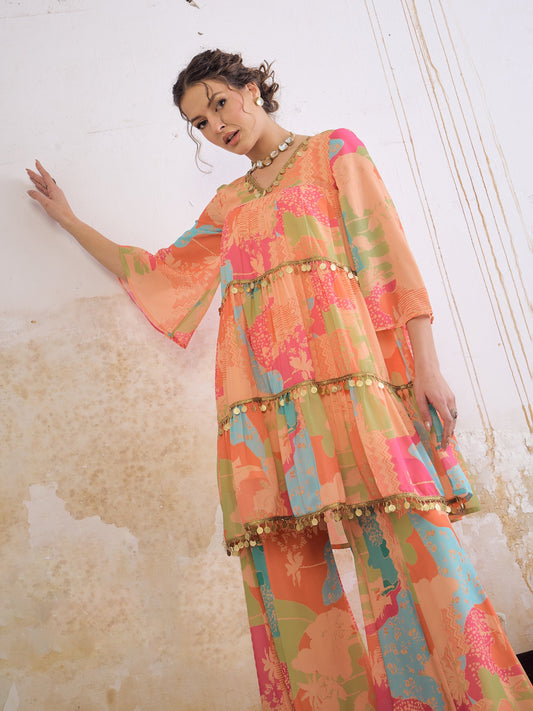 Women Orange Tie & Dye Coin Lace Tired Kurta With Sharara Pants