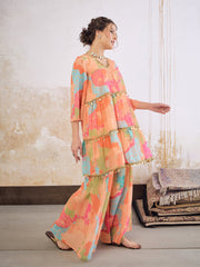 Women Orange Tie & Dye Coin Lace Tired Kurta With Sharara Pants