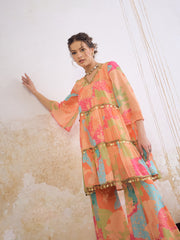 Women Orange Tie & Dye Coin Lace Tired Kurta With Sharara Pants