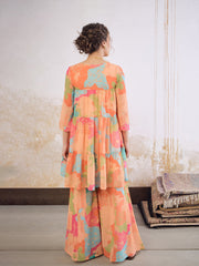 Women Orange Tie & Dye Coin Lace Tired Kurta With Sharara Pants