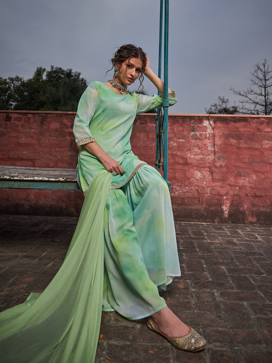 Women Lime Green Tie & Dye Short Kurta With Sharara Pants & Dupatta