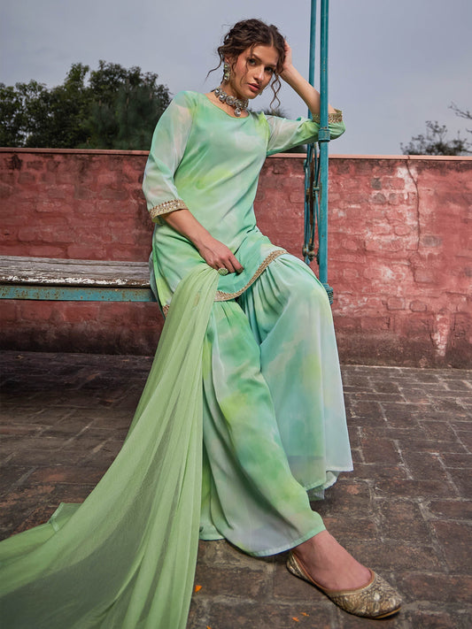 Women Lime Green Tie & Dye Short Kurta With Sharara Pants & Dupatta