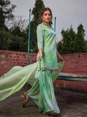 Women Lime Green Tie & Dye Short Kurta With Sharara Pants & Dupatta