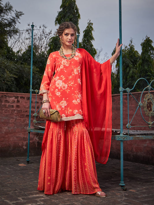 Women Orange Floral Short Kurta With Sharara Pants & Dupatta