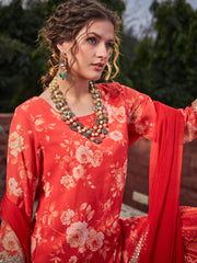 Women Orange Floral Short Kurta With Sharara Pants & Dupatta