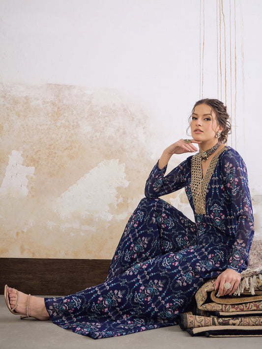 Women Navy Blue Floral Short Kurta With Palazzo Pants