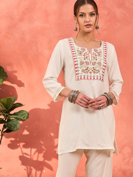 Women White Rayon Embroidered Short Kurta With Salwar