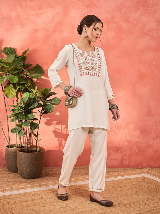 Women White Rayon Embroidered Short Kurta With Salwar