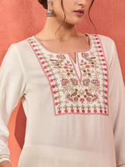 Women White Rayon Embroidered Short Kurta With Salwar