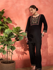 Women Black Rayon Embroidered Short Kurta With Salwar
