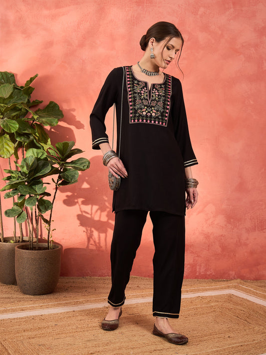 Women Black Rayon Embroidered Short Kurta With Salwar