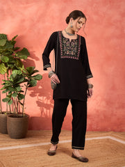 Women Black Rayon Embroidered Short Kurta With Salwar