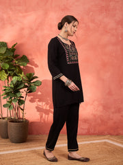 Women Black Rayon Embroidered Short Kurta With Salwar