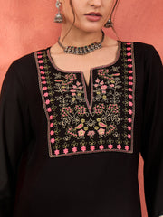 Women Black Rayon Embroidered Short Kurta With Salwar