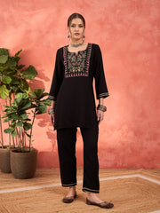 Women Black Rayon Embroidered Short Kurta With Salwar