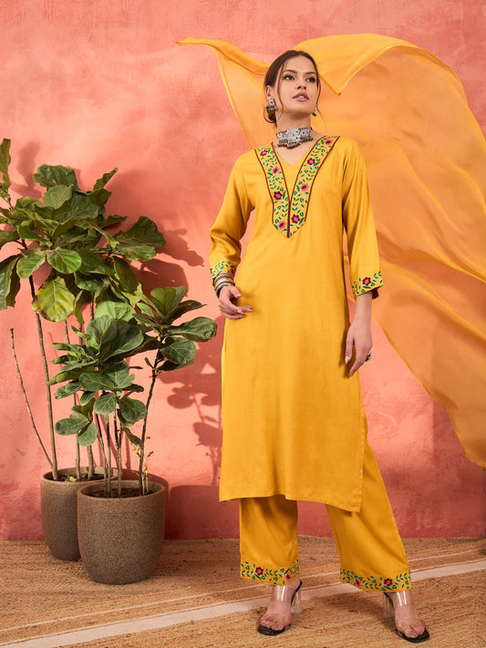 Women Mustard Rayon Embroidered Kurta With Pencil Pants & Dupatta