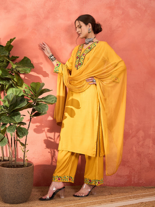 Women Mustard Rayon Embroidered Kurta With Pencil Pants & Dupatta