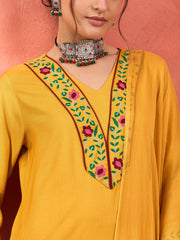 Women Mustard Rayon Embroidered Kurta With Pencil Pants & Dupatta
