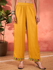 Women Mustard Rayon Embroidered Kurta With Pencil Pants & Dupatta