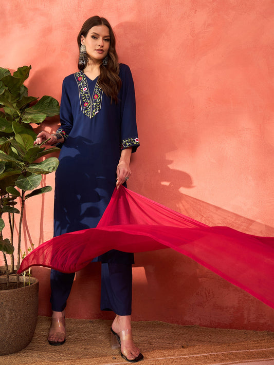 Women Navy Rayon Embroidered Kurta With Pencil Pants & Dupatta