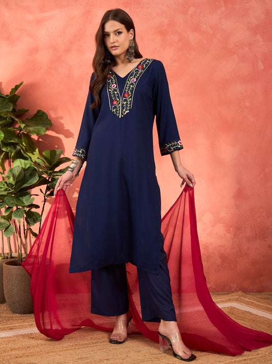 Women Navy Rayon Embroidered Kurta With Pencil Pants & Dupatta