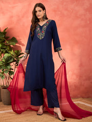 Women Navy Rayon Embroidered Kurta With Pencil Pants & Dupatta
