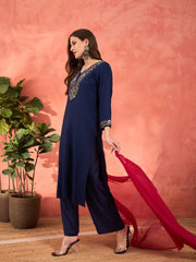 Women Navy Rayon Embroidered Kurta With Pencil Pants & Dupatta