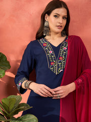 Women Navy Rayon Embroidered Kurta With Pencil Pants & Dupatta