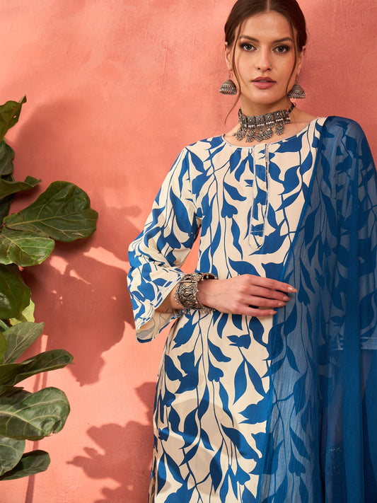 Women White & Blue Floral Rayon Kurta With Salwar & Dupatta