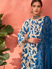 Women White & Blue Floral Rayon Kurta With Salwar & Dupatta