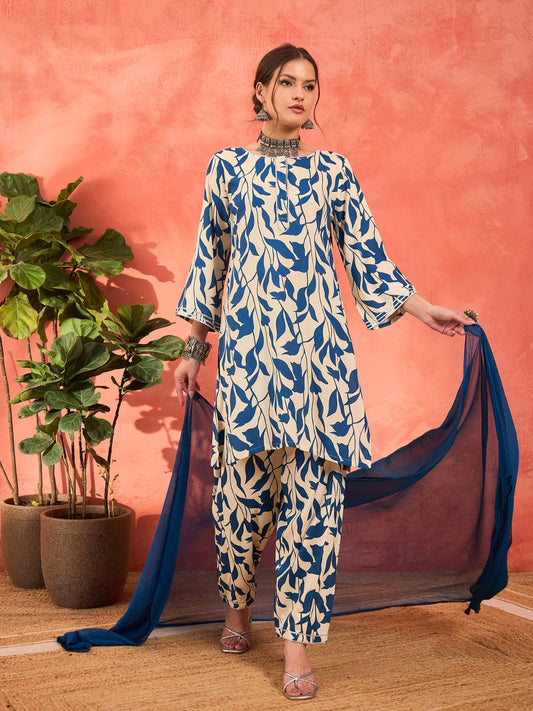Women White & Blue Floral Rayon Kurta With Salwar & Dupatta