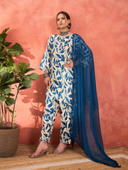 Women White & Blue Floral Rayon Kurta With Salwar & Dupatta