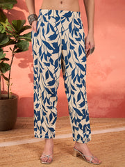 Women White & Blue Floral Rayon Kurta With Salwar & Dupatta