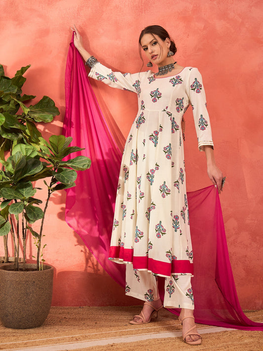 Women White Floral Rayon Anarkali Kurta With Straight Pants & Dupatta