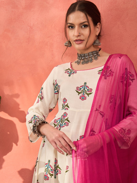 Women White Floral Rayon Anarkali Kurta With Straight Pants & Dupatta