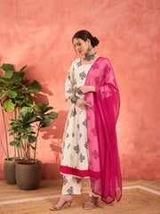 Women White Floral Rayon Anarkali Kurta With Straight Pants & Dupatta