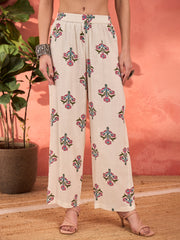 Women White Floral Rayon Anarkali Kurta With Straight Pants & Dupatta