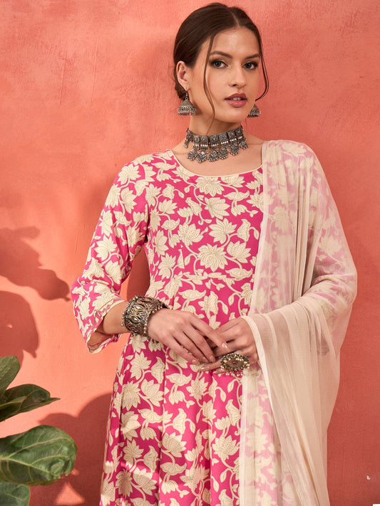 Women Pink Floral Rayon Anarkali Kurta With Straight Pants & Dupatta