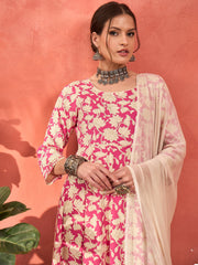Women Pink Floral Rayon Anarkali Kurta With Straight Pants & Dupatta