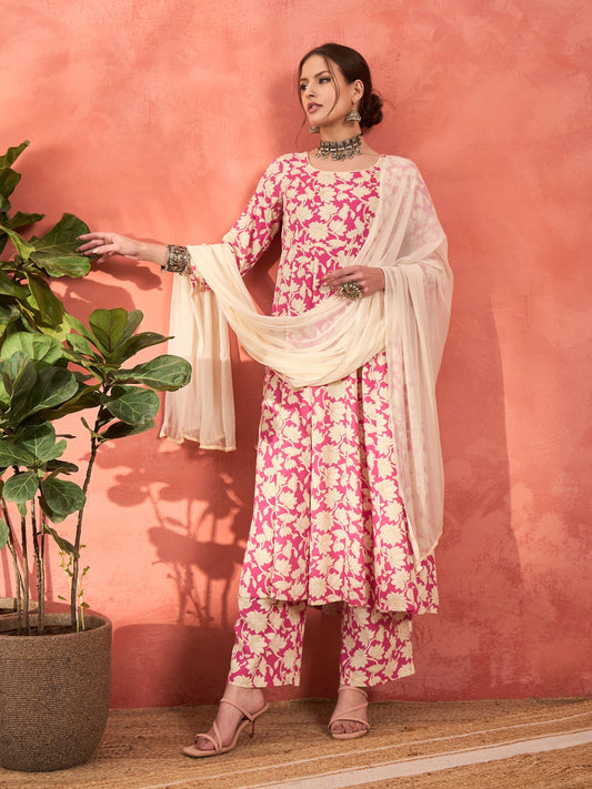 Women Pink Floral Rayon Anarkali Kurta With Straight Pants & Dupatta