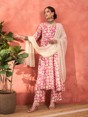 Women Pink Floral Rayon Anarkali Kurta With Straight Pants & Dupatta