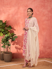 Women Pink Floral Rayon Anarkali Kurta With Straight Pants & Dupatta