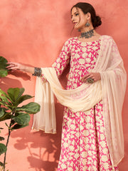 Women Pink Floral Rayon Anarkali Kurta With Straight Pants & Dupatta