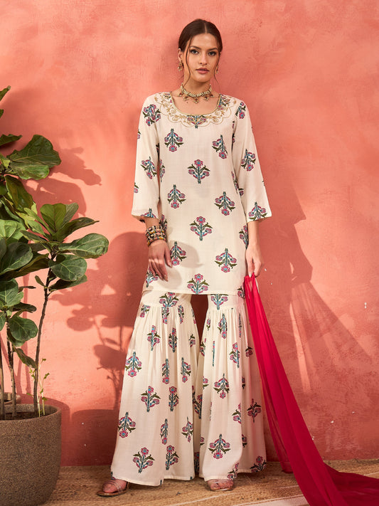 Women White Floral Embroidered Kurta With Sharara Pants & Dupatta