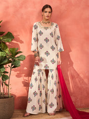 Women White Floral Embroidered Kurta With Sharara Pants & Dupatta