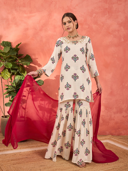 Women White Floral Embroidered Kurta With Sharara Pants & Dupatta
