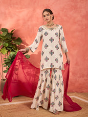 Women White Floral Embroidered Kurta With Sharara Pants & Dupatta